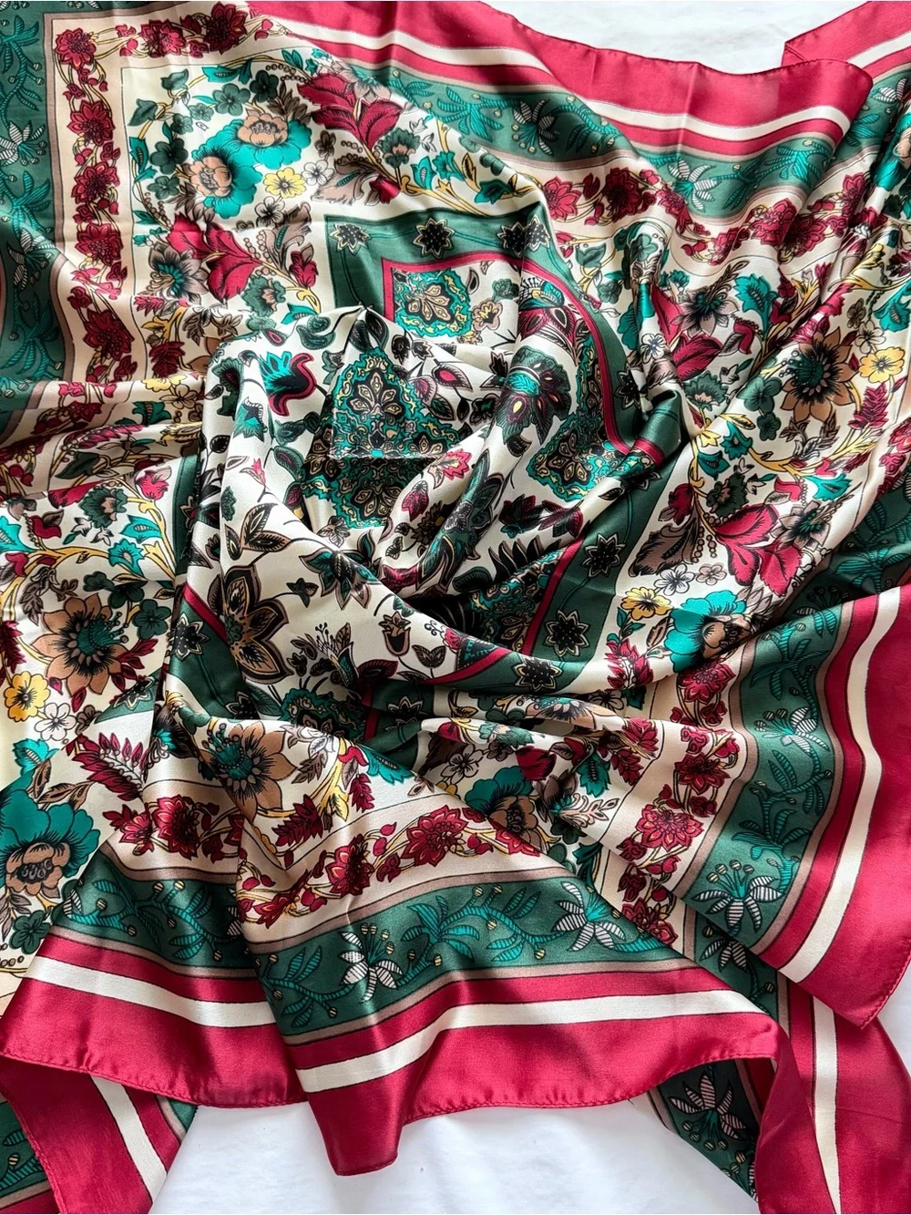 Vintage 41” Floral Silk Scarf Square Pink Green  Neck Hair Wrap Boho